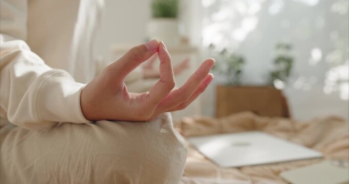 Hand. Asian Teenage Girl Practicing Social Media Detox with Morning Meditation and Mudra on Bed, Modern Wellness Lifestyle in Sunny Apartment Bedroom