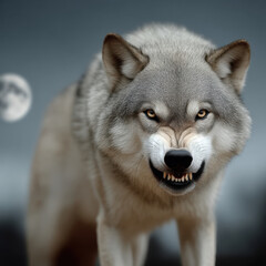 Fototapeta premium Angry wolf full moon aggressive wild animal fur sharp teeth forest night intense stare wilderness