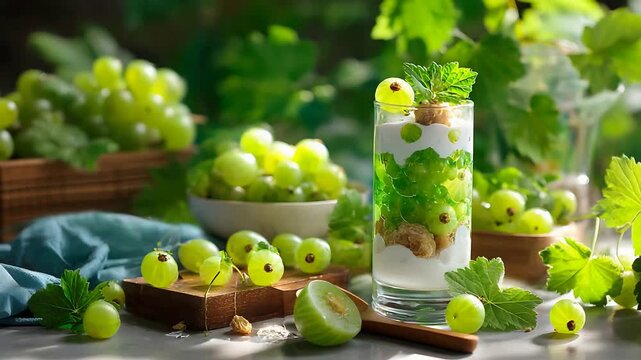 Refreshing layered gooseberry yogurt parfait with fresh green fruits and mint garnish.