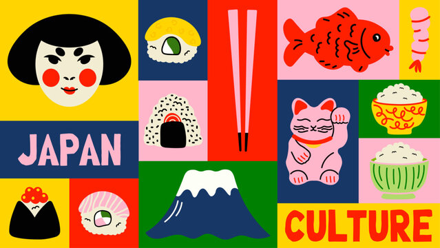 Decorative seamless pattern inspired by Japanese culture. Ramen bowls, sakura flowers, koi fish, lucky cats and paper lanterns in a soft cartoon style.