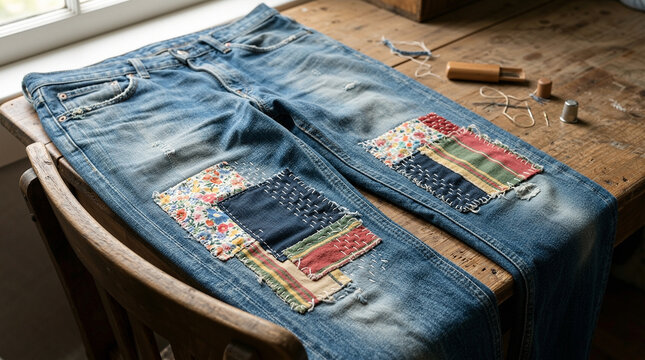 Patched denim jeans lying on wooden table with sewing tools nearby  