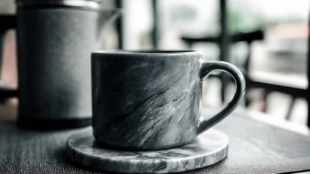 Stylish dark grey marbled ceramic mug on a matching coaster, perfect for morning coffee.