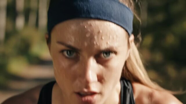 Close-up face of a sweating woman running outdoors. Female runner training intensely on a forest trail. Fitness and endurance concept