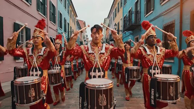 Marching band drummers in Carnival street parade with colorful buildings