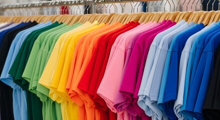 Fototapeta premium Colorful folded t-shirts on wooden hanger display in retail clothing store