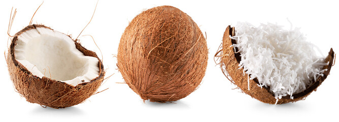 Coconuts with coconut flakes isolated on white background.
