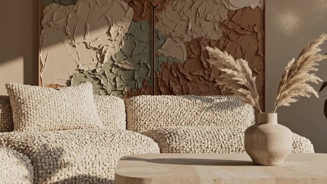 Cozy beige textured boucle fabric sofas with rounded shapes and natural stone coffee table in modern living room, perfect for interior design projects