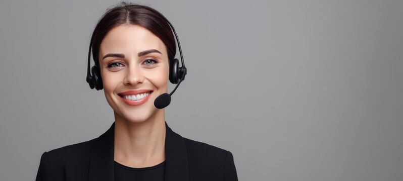 The woman customer service representative wearing a headset smiling in studio portrait