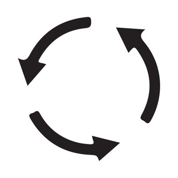 Black three circular arrows icon isolated on white background, vector image representing recycle