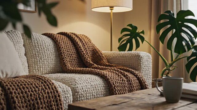 Cozy living room with cream textured sofa, chunky brown knitted blanket, monstera plant, floor lamp, open book and coffee mug on wooden table