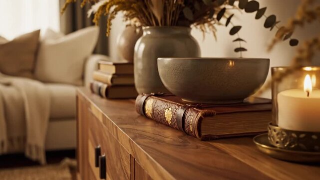 Cozy living room wooden sideboard with vintage books, ceramic vases, dried flowers, and lit candle for warm home decor ambiance