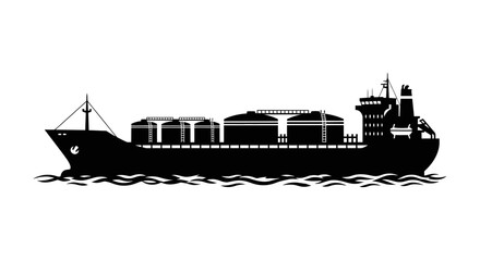Obraz premium Black silhouette of a large cargo ship sailing on wavy water