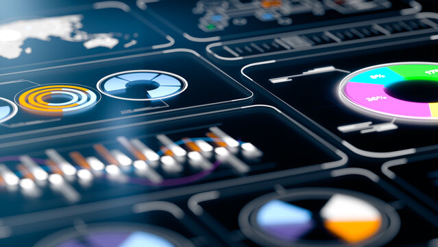 panel for analyzing financial indicators, pie charts, charts with business analytics, moving averages, analytical widgets for assessing market trends, business analytics dashboard