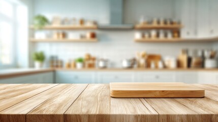 Wooden countertop in cozy kitchen interior with defocused shelves and appliances.