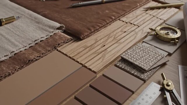 Interior design color and texture palette with brown tile samples, fabric swatches, wooden samples, and drawing instruments for home decoration projects