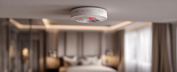 The smoke detector mounted on ceiling above cozy modern bedroom with blurred background