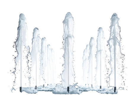 Dynamic water jets erupting from a modern fountain against a black background