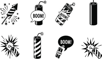 Black and white of fireworks rockets and dynamite sticks with boom text firework rocket © Afsun Creative