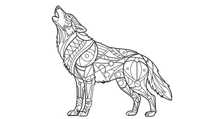 Fototapeta premium A stylized wolf illustration with intricate tribal patterns and designs, set against a clean white background.