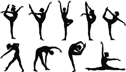 Black silhouettes of female dancers performing various ballet poses and stretches © Afsun Creative