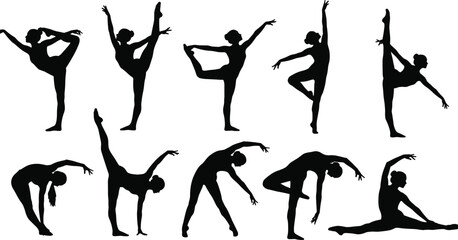 Collection of black silhouettes of women performing various ballet and gymnastic poses © Afsun Creative