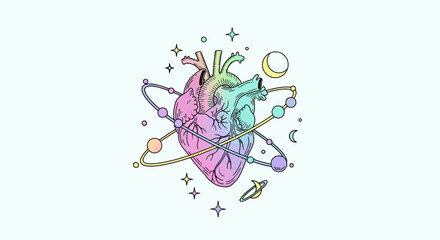 Colorful artistic illustration of a human heart surrounded by planets and stars. © Tri