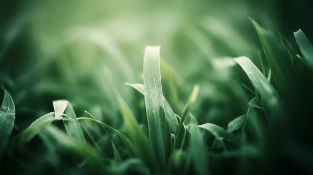Grass blades covering the frame close up, reflecting soft light and showing individual water drops, symbolizing growth, freshness, and the rejuvenating essence of a natural, vibrant environment