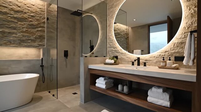 Modern spacious bathroom with freestanding white bathtub, backlit round mirror, walk-in glass shower, and wooden cabinetry, perfect for luxury home interiors