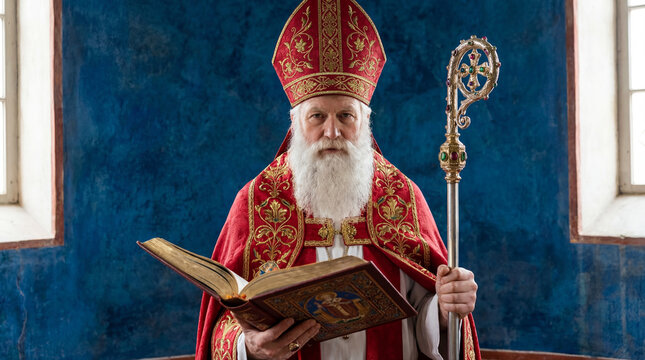 Bearded man dressed as bishop in ornate red and gold robes holds staff and open book, standing in room with blue walls and windows