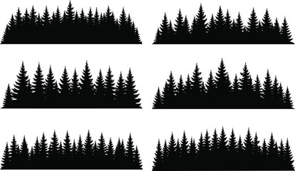 Six black silhouette forest borders of pine trees and fir trees evergreen © Afsun Creative
