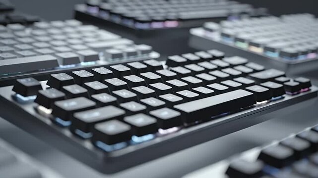 Multiple keyboards with illuminated keys viewed from a close-up perspective showcasing technology and computer peripherals in a modern setting