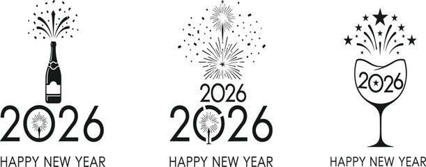 Three black and white for 2026 Happy New Year celebrations with champagne bottle fireworks and wine glass