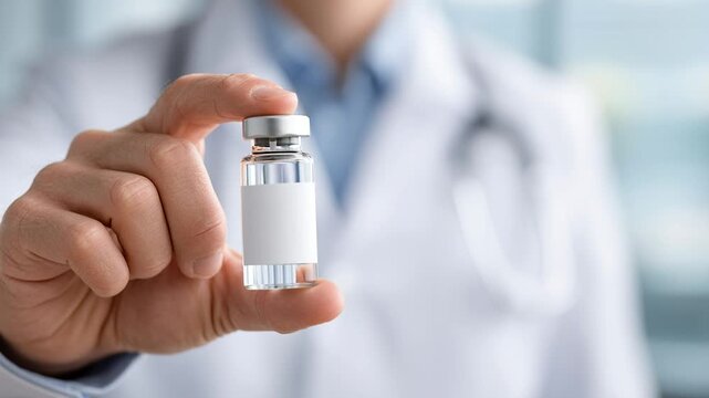 Healthcare professional holding glass vial with white label in clinic, medical doctor presenting medicine or vaccine for immunization treatment and clinical research