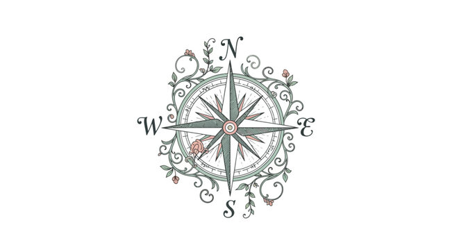 Vintage nautical compass rose with decorative design and cardinal directions.