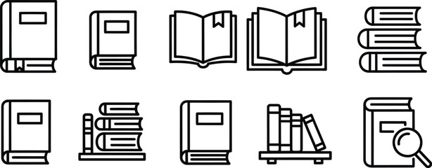 Collection of various book and library icons in simple line art style