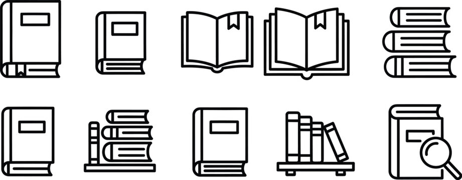 Collection of various book and library icons in simple line art style