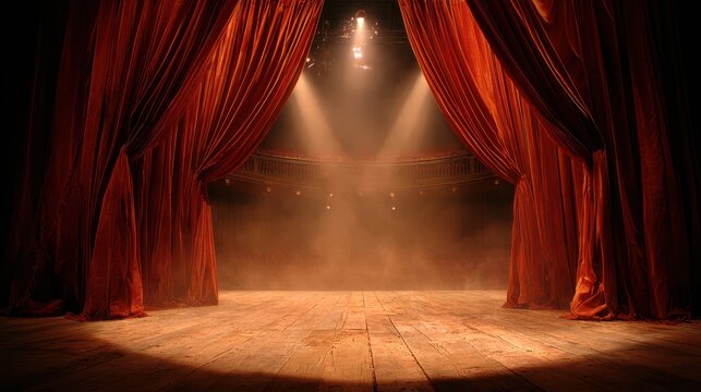 Red velvet curtains part to reveal a dimly lit theater stage with a warm spotlight