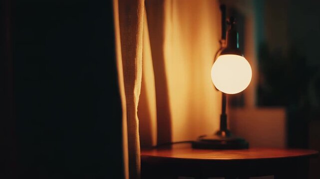 Sphere lamp illuminating a wooden side table next to curtains, generating a soft, warm glow that creates a peaceful and comfortable atmosphere in a contemporary home interior setting