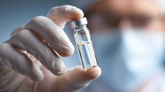 Scientist in face mask holding medical vial with clear liquid in laboratory, pharmaceutical research and development for vaccine and healthcare treatment