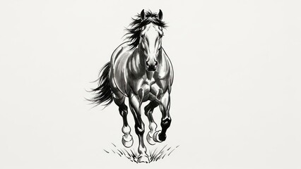 Majestic horse illustration, black and white sketch of running horse with copy space