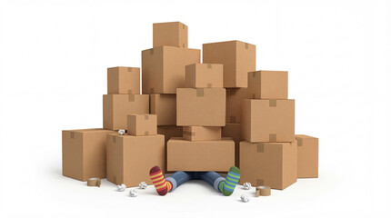 Playful scene of person buried under pile of cardboard boxes, with colorful socks peeking out, creating humorous and chaotic moving day concept