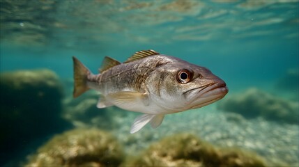 Fototapeta premium A sea bass glides gracefully through clear turquoise water over a rocky seabed