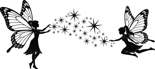 Magical fairy silhouettes with butterfly wings exchanging sparkling stars, fantasy illustration isolated on white background for fairy tale design, mystical art and enchanting storytelling