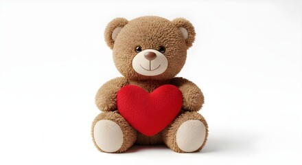 Obraz premium A cute brown teddy bear holding a red heart on a white background
