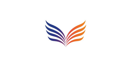 Obraz premium Stylized vector illustration of abstract wings formed with flowing feather shapes in blue and orange colors. Symmetrical modern design symbolizes freedom, growth, balance, and success. 