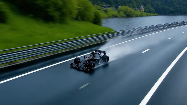 Highspeed formula car racing on wet highway by scenic lake and lush forest