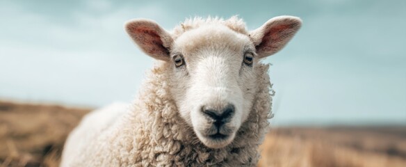 The Sheep Portrait in a Windy Countryside Meadow with Soft Cloudy Sky