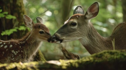 Fototapeta premium Gentle white-tailed deer mother licking her newborn fawn in a sunlit woodland clearing