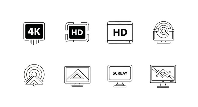 Collection of 8 Line Art Icons for High Definition Resolution and Digital Display Technology