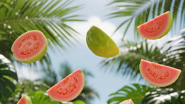 Sliced and whole fresh guavas falling against a clear blue sky with palm leaves, representing healthy tropical fruit.